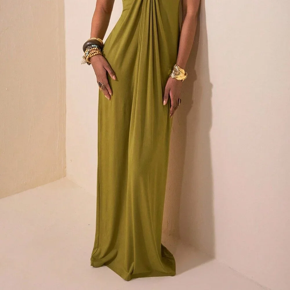 Army Green Casual Maxi Backless Evening Dress - Picture 7 of 8